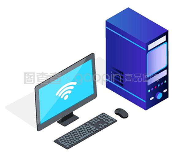 带有显示WiFi标志的显示器的个人电脑。带键盘和鼠标的隔离PC。程序员或程序员的工作场所。IT开发者的工作空间,现代技术,等距矢量。带WiFi标志和键盘的计算机显示器